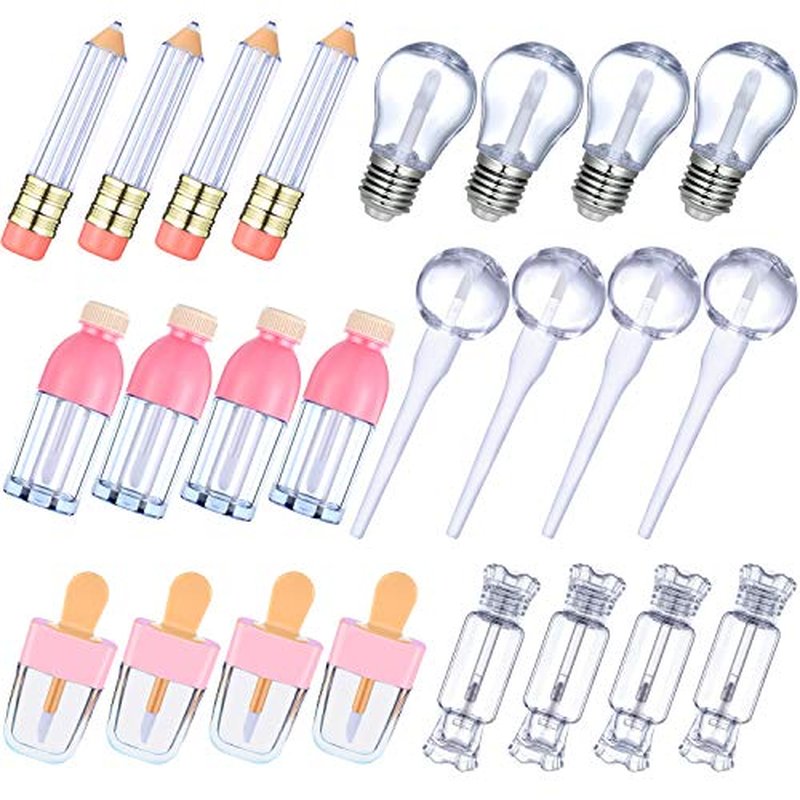 24 Pieces Novelty Empty Lip Gloss Tubes Bulk, Ice Cream and Funny Light Bulb Shaped Lipstick Balm Tube, Creative Lollipop Shape, Bottle and Candy Lipstick Glaze Tube, Pencil Lip Oil Bottles, 6 Styles