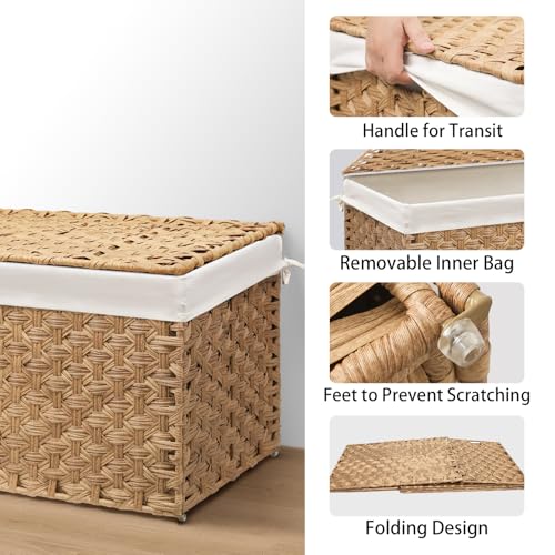 Large Wicker Storage Basket with Lid - 200L Natural Handwoven Organization Bin (31.5x19.7x19.7 Inches)