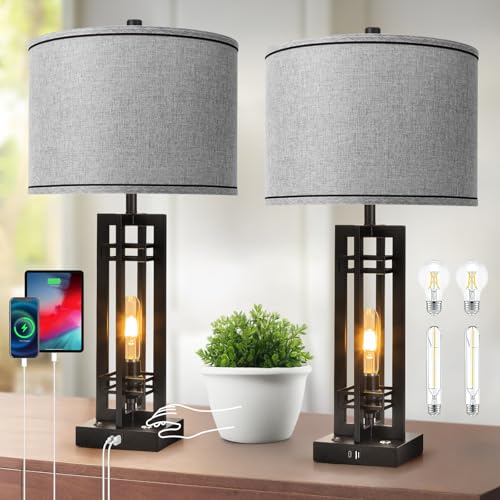 27-Inch Farmhouse Table Lamps Set of 2 with Gray Round Shade - Rustic Touch Control Decor