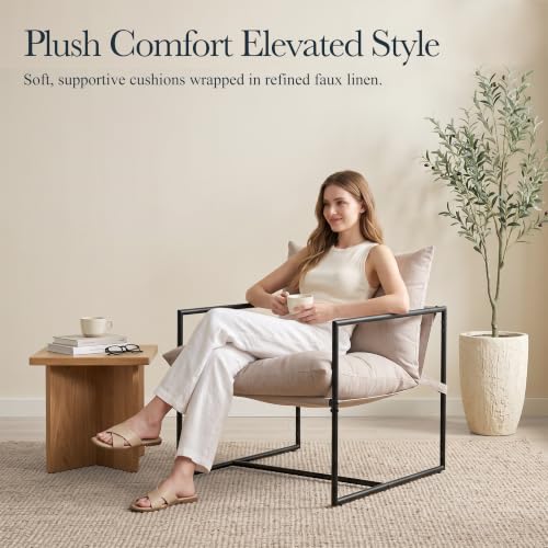 Nestvala Oatmeal Modern Upholstered Accent Armchair with Metal Frame