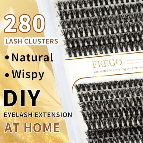 FEEGO Fluffy Eyelash Extensions Kit With Cluster Lashes, Eyelashes Extensions Kit 40D+50D 9-16mm DIY Lash Thick, Individual Lashes, Double-headed mascara brush, Remover (4050D Charming Kit)