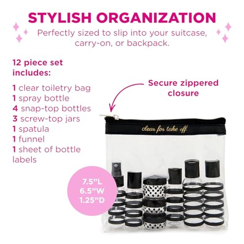 MIAMICA TSA Compliant Travel Bottles and Travel Toiletry Bag ? Includes 12 Pieces ? 7.55" L x 7.4" W x 1.8" D, Clear ? Cute Travel Gifts