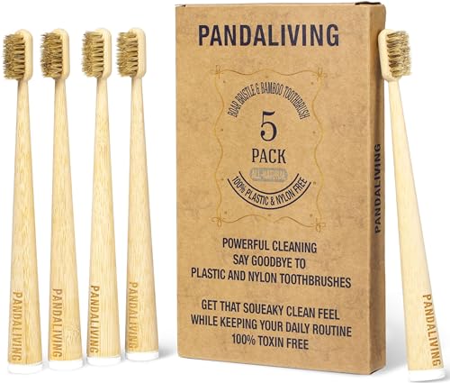 Boar Hair Hard Bristle Bamboo Toothbrush 5 Pack - Natural Organic, Eco-Friendly, Quick Dry