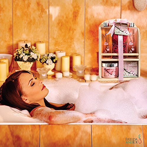 Deluxe Cherry Blossom Spa Basket - Home Spa Set with Bubble Bath, Bath Salts, Body Lotion, Bath Puff, and Rose Soaps in Wooden Curio Gift ? Mother's Day Gift for Mom