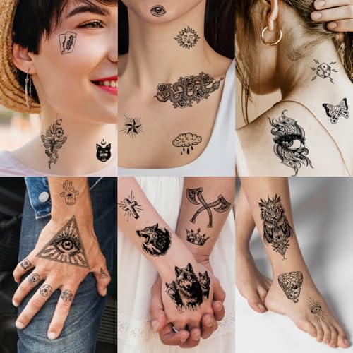 winthrop 80 Sheets Tiny Temporary Tattoos for Adult ? Black Theme Waterproof Body Art Realistic Tattoos Stickers, Include Lion Wolf Tiger Owl Skeleton Skull