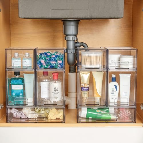 Stackable Storage Drawers Set of 8 - Clear Plastic Organizer Bins with Handles & Non-Slip Feet - Includes 4 Small, 2 High, 2 Wide