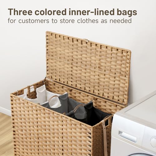 Laundry Hamper with Wheels 52.8 Gallon Natural Rattan Style with Lid & Removable Liners - 31.5 x 15.75 x 25.6 Inches
