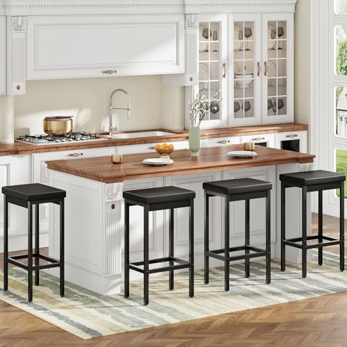 4 Black Bar Stools Set - 24.8-Inch Counter Height Kitchen & Dining Chairs with Upholstery