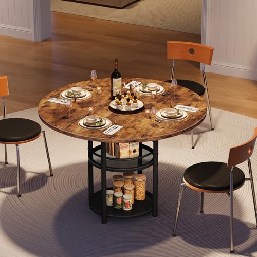 Round Dining Table for 2 with Two-Tier Storage - Rustic Brown & Black, 31.5" Kitchen Table for Small Spaces