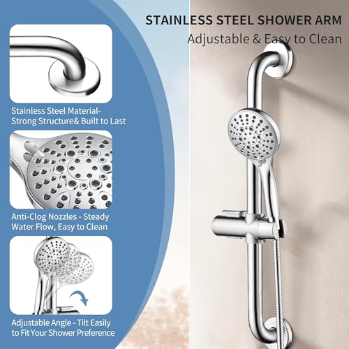 Stainless Steel Shower Grab Bar Set with Handheld Shower Head & Long Hose - Chrome Plated