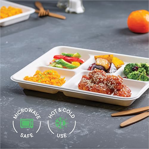 10 Inch Compostable Paper Food Trays with 5 Compartments Bulk Pack - Heavy Duty, Eco-Friendly, Sugarcane Material