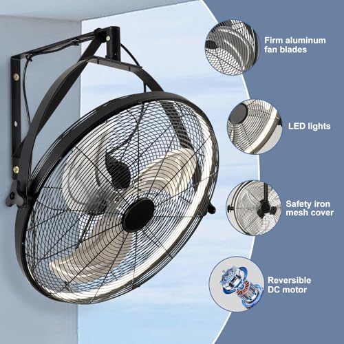 16 Inch Wall Mount Fan with Lights - 6-Speed Adjustable Outdoor Gazebo & Garage Fan