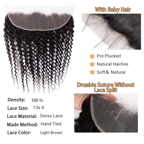 20 Inch Deep Wave Lace Frontal Closure 13x4 Ear to Ear Virgin Human Hair - Pre Plucked, Bleached Knots, 180% Density