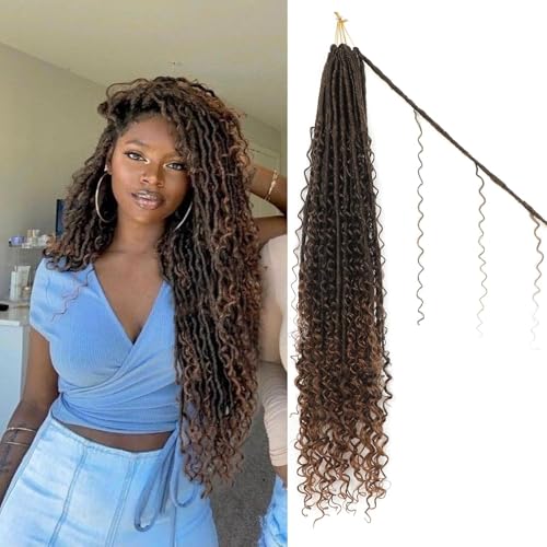 Boho Goddess Locs Crochet Hair - 9 Packs, 30 Inch Ombre Brown Curly Faux Locs T1B/30#