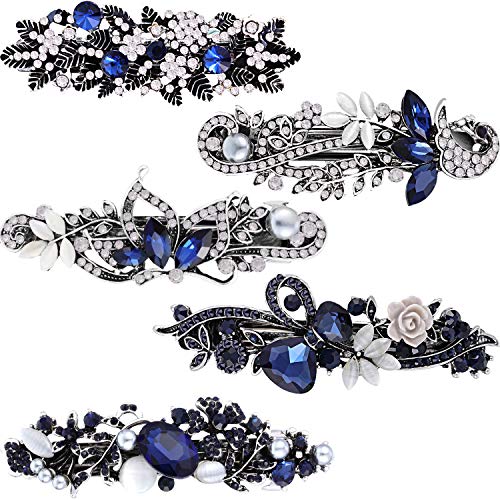 5 Pieces Crystal Rhinestones Hair Barrettes Large Flower Butterfly Pearl French Vintage Clip Wedding Navy Hair Jewelry for Thick long Hair for Women(Exquisite Style)