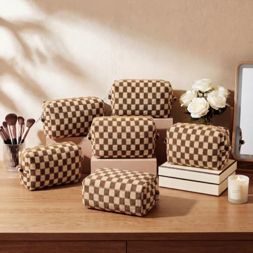 8 Pack Checkered Makeup Bags Small Cosmetic Pouch - Brown