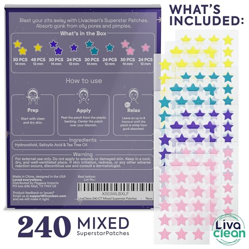 LivaClean (272 + 240 CT) Acne Patches, Hydrocolloid Star Pimple Patches for Healing, Cute Face Stickers, Large Pimple Patch for Face, Hydrocolloid Patch