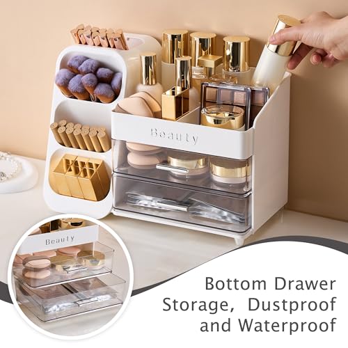 Makeup Organizer for Vanity with Brush Holder, Countertop Makeup organizer with Drawers for Skincare, Cosmetics, Perfumes, Eyeshadow Palettes, Spacious Cosmetic storage organizer