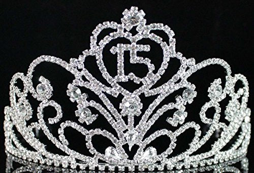 Quinceanera Tiara Crown with Rhinestones and Hair Combs - Silver Plated, Clear Austrian Crystals