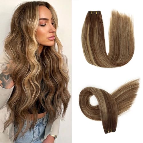 Frealhd 18 Inch Balayage Chocolate Brown to Caramel Blonde Remy Sew-In Hair Extensions - 110g Double Weft