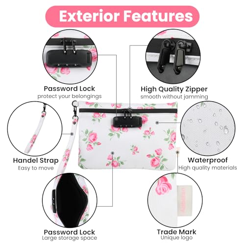 Pink Rose Travel Pouch - Waterproof with Combination Lock, 8 Accessories and Gift Box