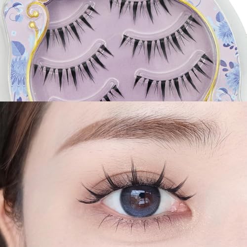 MIKIWI Manga Lashes Natural Look Japanese Style False Eyelashes 4 Pairs Spiky Anime Lashes Clear Band Cosplay Eyelashes