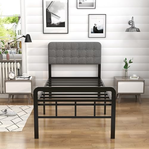 Twin XL Bed Frame with Upholstered Headboard and Metal Footboard - Heavy Duty, No Box Spring Needed, Easy Assembly