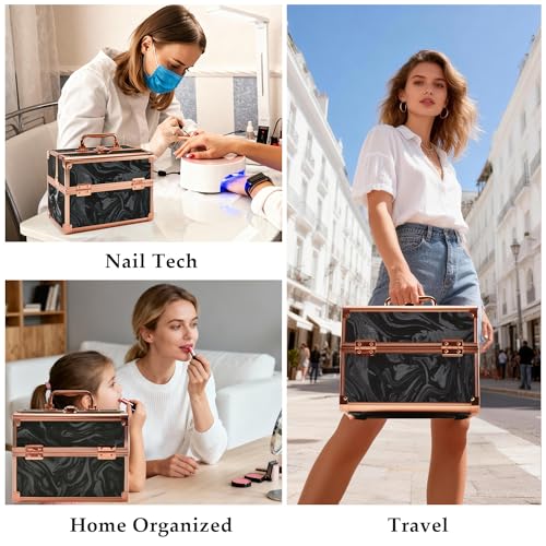 GALHUBIS Rose Gold Black Makeup Train Case with Mirror & 2 Trays - Portable Cosmetic Organizer for Salon & Travel