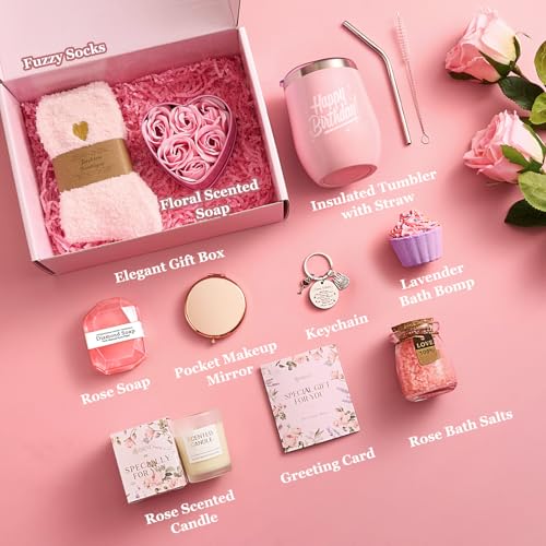 Briney 11Pcs Birthday Gift Baskets for Women, Pink Gift Basket Set, Birthday Themed Present Self Care Spa Bath Set Get Well Soon Package for Mom Wife Sister Friend, Pink