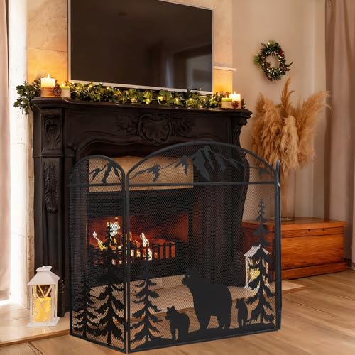 Hogardeck 48x30 Fireplace Screen with Polar Bear for Brick Fireplace Safety & Decor