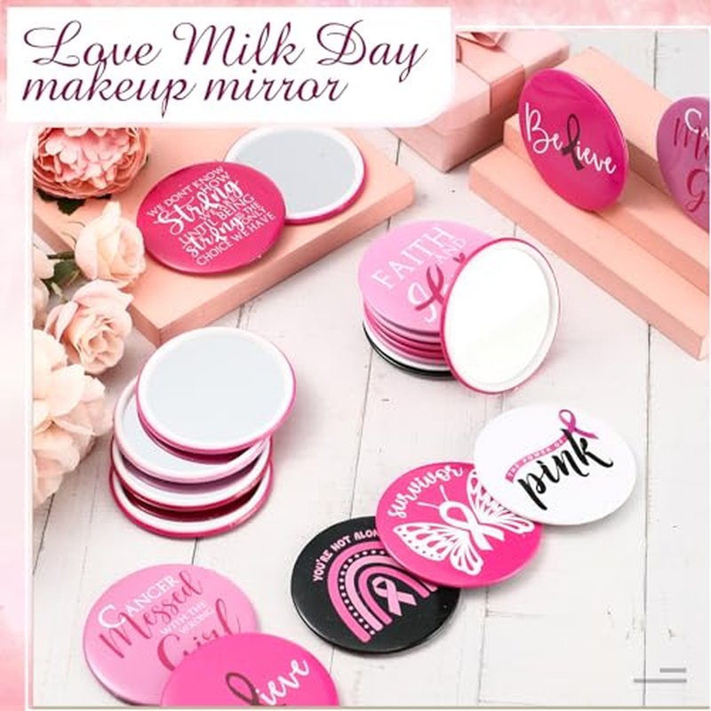 200 Pcs Breast Cancer Awareness Gifts Pocket Mirror Bulk Portable Travel Mirrors Pink Ribbon Breast Survivor Compact Mirror for Charity Women Public School Events Supplies (Inspirational)