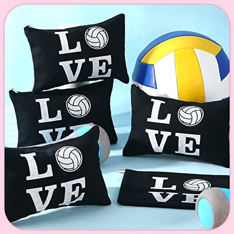 18 Pieces Volleyball Pouch Love Makeup Bag Organizer Travel Women Volleyball Gifts Small Zipper Volleyball Bags Canvas Toiletry Volleyball Team Bag Cute Storage Cosmetic Pencil Case for Players