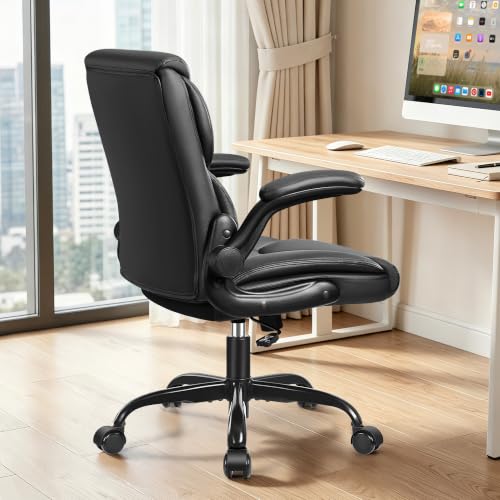 Black PU Leather Office Chair with Flip-Up Arms, Lumbar Support & Adjustable Height