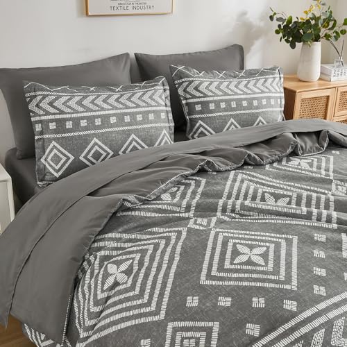 Yiran King Size Boho Aztec Comforter Set - 7 Piece Bed in a Bag, Grey