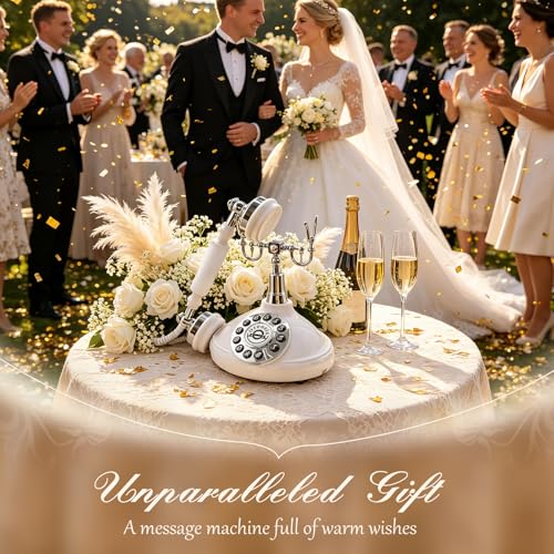 Oreozix Ivory White Retro Telephone Voice Recorder Wedding Guest Book with Custom Greeting