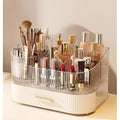 Makeup Organizer with Drawers and 360¡Æ Rotating Brush Holder, Large Capacity Cosmetic Storage for Vanity, Skincare, Perfume, Hair Accessories, Lipstick & Jewelry (Cream White, 2-layer)