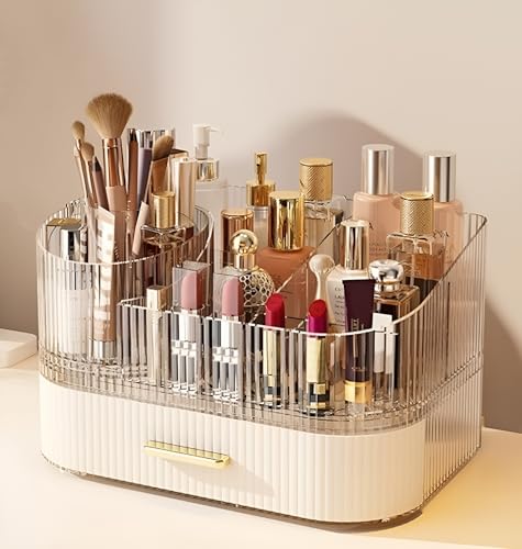 Cream White Makeup Organizer with Drawers and 360° Rotating Brush Holder - 2 Layer