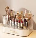 Cream White Makeup Organizer with Drawers and 360° Rotating Brush Holder - 2 Layer