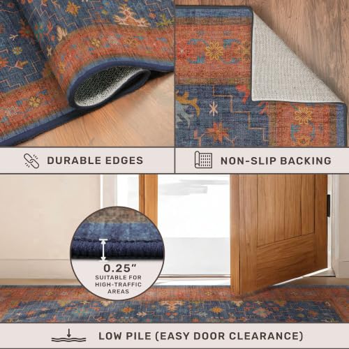 6' x 9' Navy Blue & Terracotta Dining Room Rug - Washable Boho Tribal Area Rug