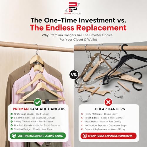 Natural Wooden Space-Saving Clothes Hangers with Cascading Rings - 50 Pack