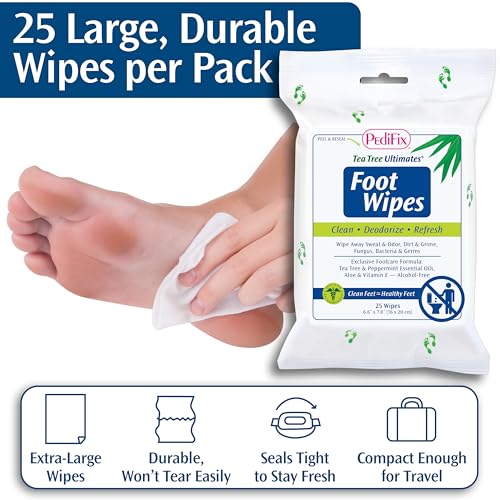 PediFix Tea Tree Ultimates Foot Wipes ? Natural Deodorizing & Cleansing with Tea Tree Oil, Peppermint & Aloe Vera for Odor & Sweat Relief