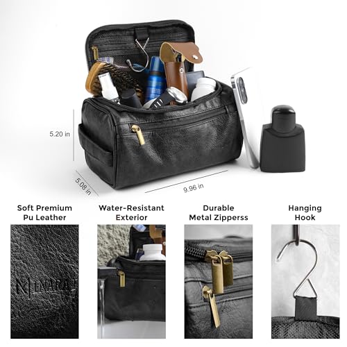 MINARAI- Mens Toiletry Bag with Razor Case?Soft PU Leather-Look Hygiene Bag for men with Wide-Open Access, Hanging Design, and Strong Structure ? Built for Travel, Gym, and Everyday Organization?BLACK