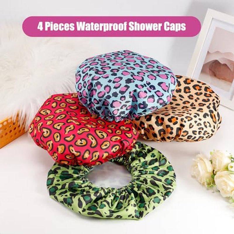 4 PCS Shower Caps for Women,Reusable Waterproof Shower Cap,Double Layers Bath Caps,Large Shower Cap with EVA Lining,Elastic Bathing Hair Cap for All Hair Lengths(Leopard 2)