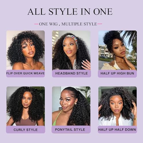 Black 16 Inch Kinky Curly Half Wig Human Hair 200 Density Seamless Flip Over Style - Glueless, Beginner Friendly