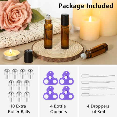 KEYWING 10ml Amber Glass Roller Bottles for Essential Oils - 54 Pack, Includes Dropper & Spare Balls