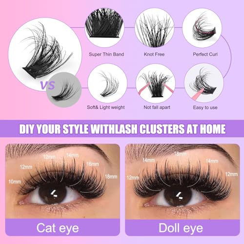 Cluster Lashes Individual Cluster Eyelashes D Curl Mix 10-18mm (60D+80D) Eyelashes Cluster Volume & Dramatic Russian Individual Eye Lashes for Beginners (60D+80D Lash kit with Remover)