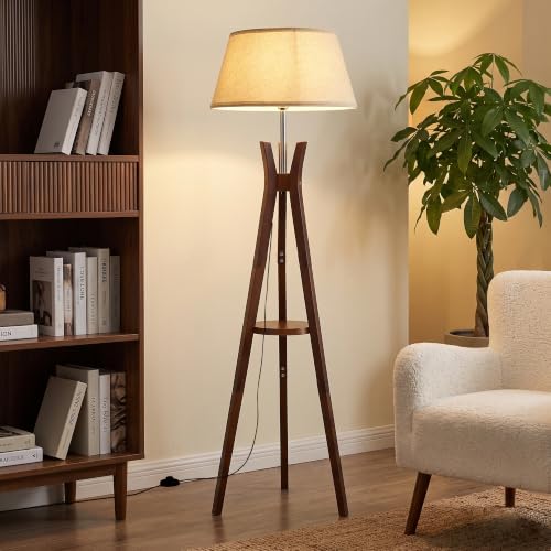 Walnut Floor Lamp with Shelves - 59 Inch Standing Lamp for Bedroom & Living Room - Booniture