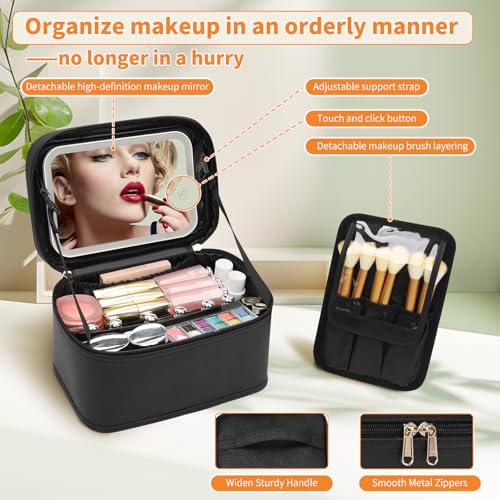 Travel Makeup Bag with LED Mirror - Detachable Brush Storage, Black 001