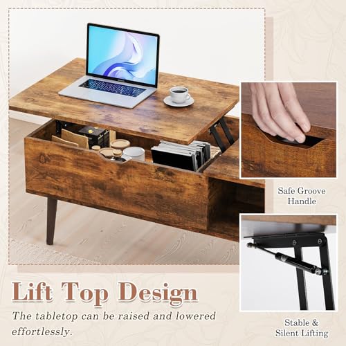 Rustic 19.7x39.4-inch Lift Top Coffee Table with Hidden Storage - OLIXIS