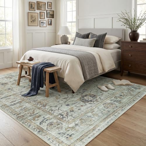 Washable 6x9 Area Rug - Sage Green Gold Gray Vintage Boho Floral (Green/Gold/Multi) by Sparkle Gaze